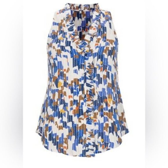 CAbi | Women's Blue and Brown Jigsaw Patterned Sleeveless Top Size XS - Picture 1 of 7